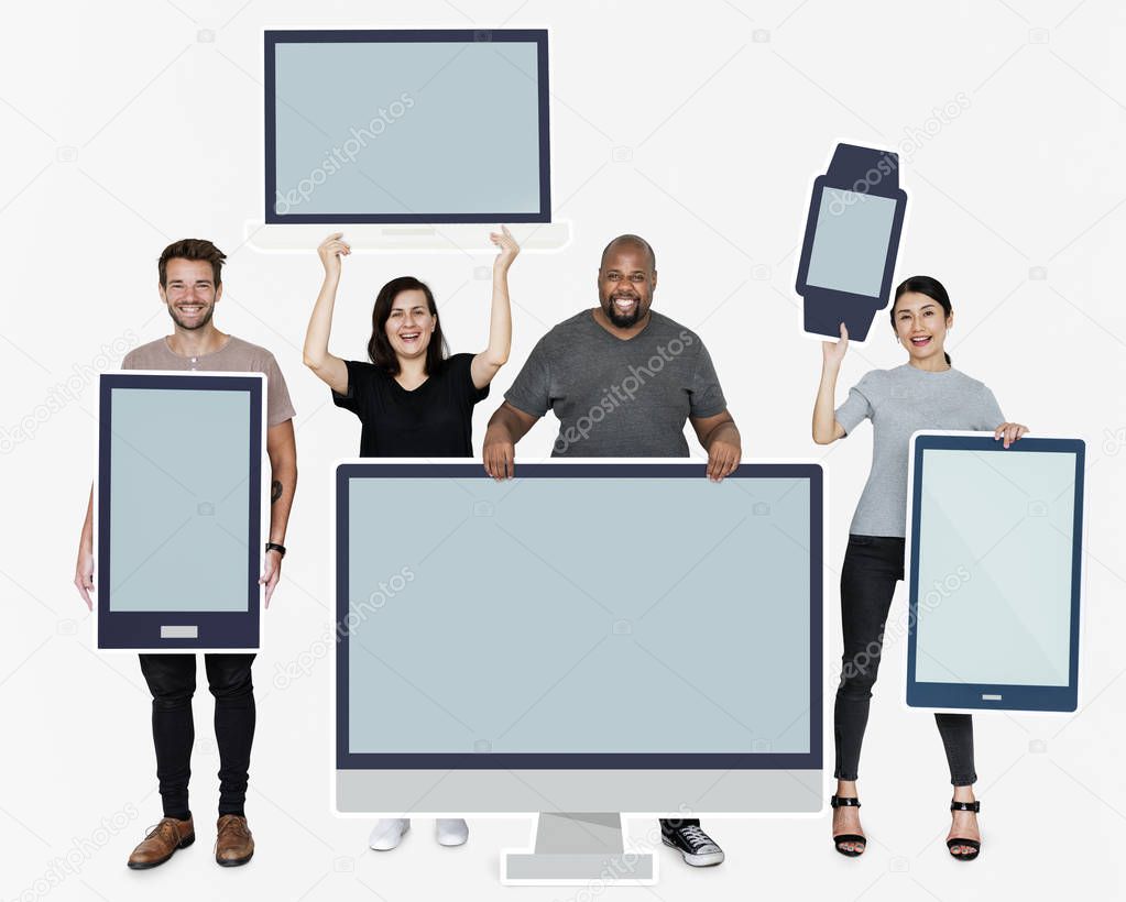 Diverse people with various mockup of digital devices