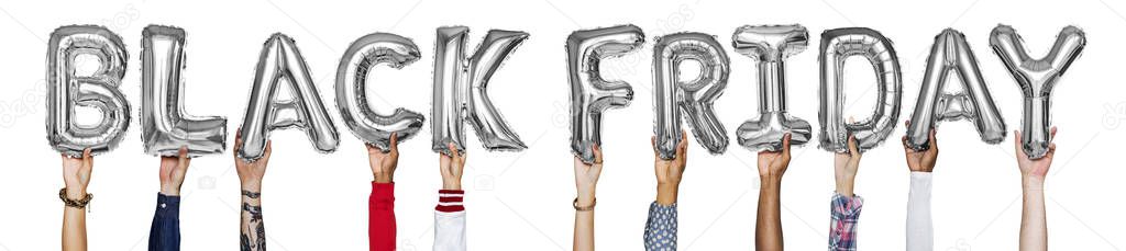 Silver gray alphabet balloons forming the word black friday