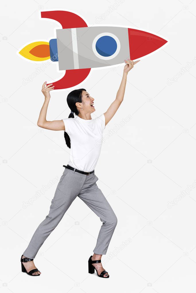 Creative woman with a launching rocket symbol