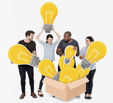 Group of diverse people with bright yellow light bulbs clipart