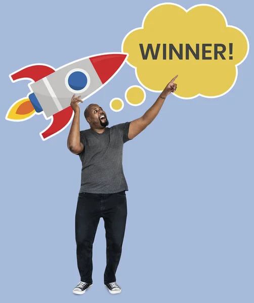 Vrolijke Man Met Een Winnaar Word Raket — Stockfoto