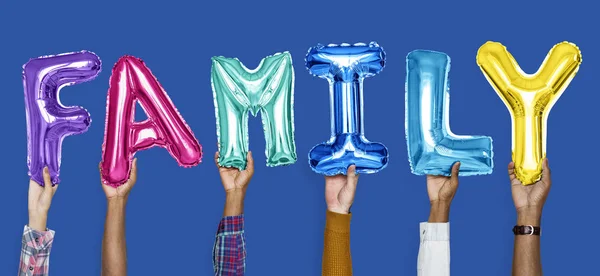 Mani Che Mostrano Parola Palloncini Famiglia — Foto Stock