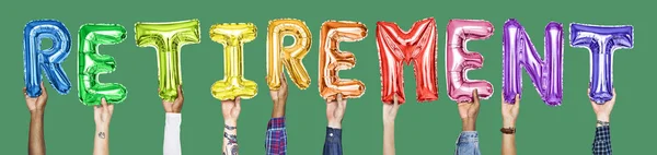 Luftballons Mit Regenbogenbuchstaben Bilden Das Wort Ruhestand — Stockfoto