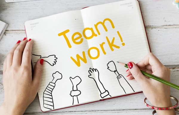 Vrouw Schrijven Teamwork Notitieblok — Stockfoto