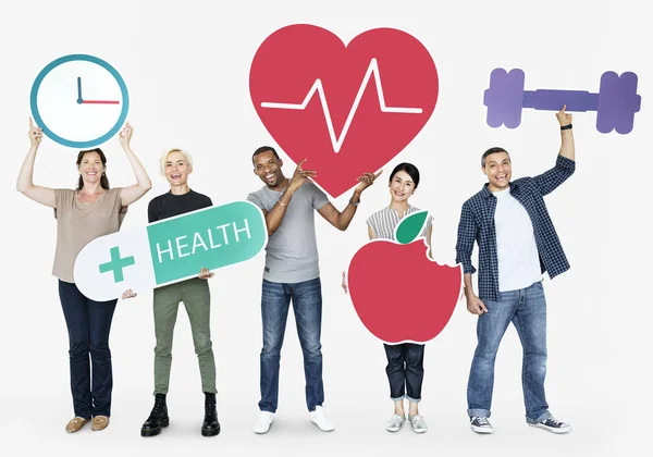Group Diverse People Holding Health Fitness Icons — Stock Photo, Image