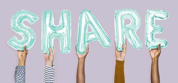 Hands Showing Share Balloons Word — Stock Photo, Image