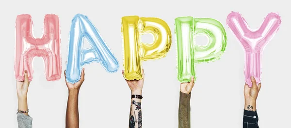 Mãos Mostrando Balões Felizes Palavra — Fotografia de Stock