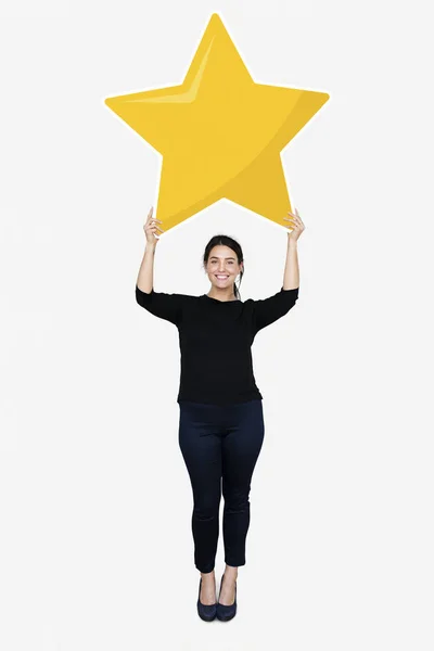 Empresária Segurando Símbolo Classificação Estrela Dourada — Fotografia de Stock
