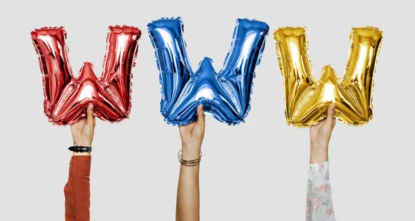 Manos Mostrando Sitio Web Globos Palabra — Foto de Stock