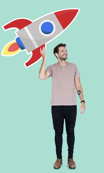 Kreativer Mann Mit Raketensymbol — Stockfoto