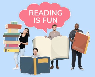 Kitap ve bir ifade okuma tutan insanlar eğlenceli