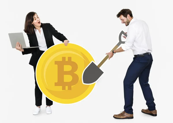 Geschäftsleute Fördern Die Kryptowährung Bitcoin Mit Elektronischem Bargeld — Stockfoto