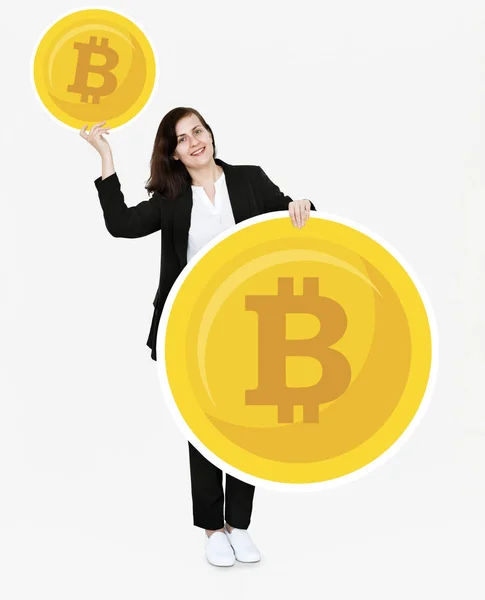 Üzletasszony Bitcoin Cryptocurrency Elektronikus Pénzt Befektetés — Stock Fotó