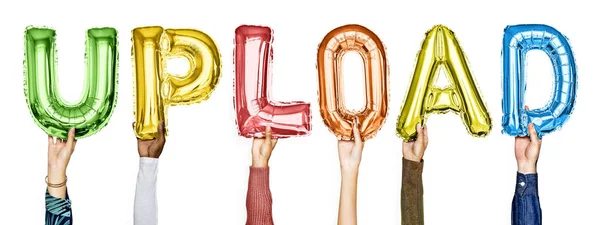 Colorful Alphabet Helium Balloons Forming Text Upload — Stock Photo, Image