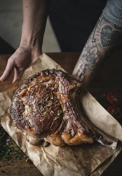 Filete Tomahawk Una Idea Receta Fotografía Alimentos Papel —  Fotos de Stock