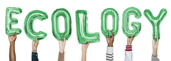 Ręce Wyświetlono Zielonych Balonów Słowa Ekologia — Zdjęcie stockowe