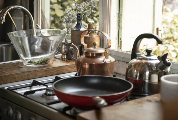 Frying Pan Kettles Stove — Stock Photo, Image