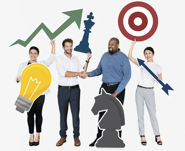 Happy Business People Holding Business Strategy Icons — Stock Photo, Image