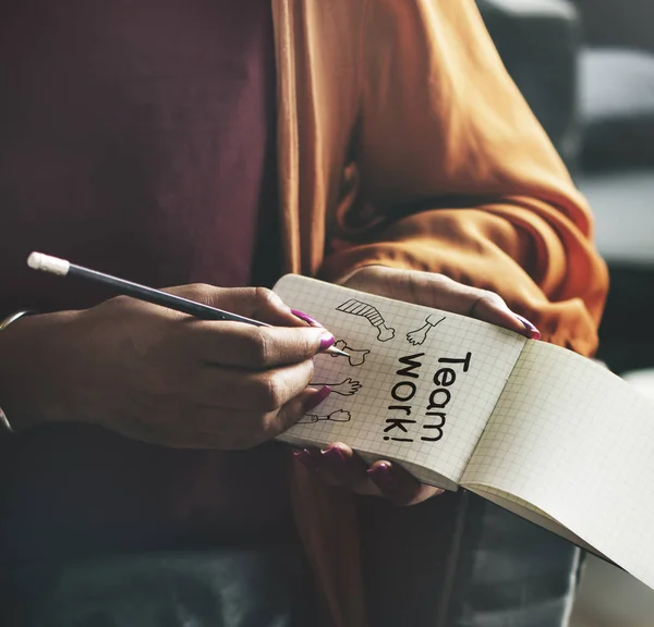 Woman Writing Teamwork Notepad — Stock Photo, Image