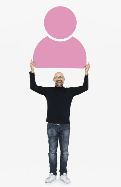 Веселий Чоловік Тримає Рожеву Ікону Користувача — стокове фото