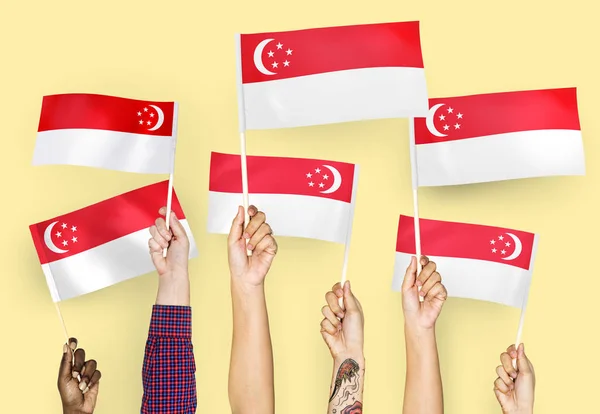 Hands Waving Flags Singapore — Stock Photo, Image