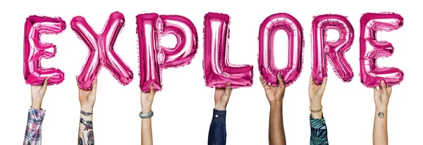 Hands Showing Pink Balloons Word Explore — Stock Photo, Image