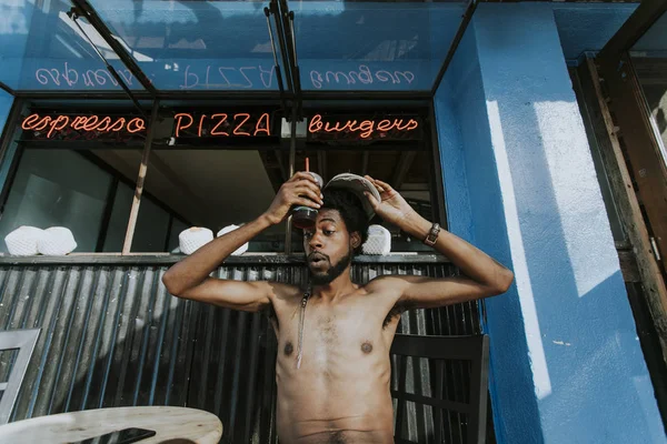 Shirtless Man Sitting Cafe — Stock Photo, Image