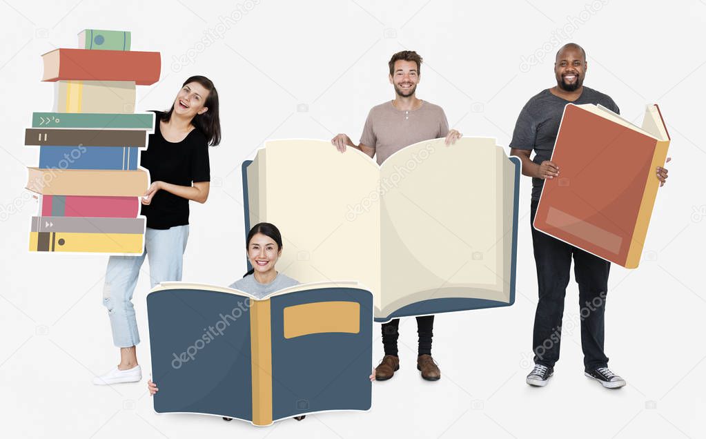 Happy diverse people holding book icons