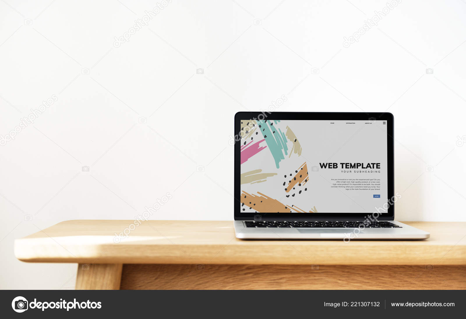 Laptop Showing Website Template Wooden Table Stock Photo
