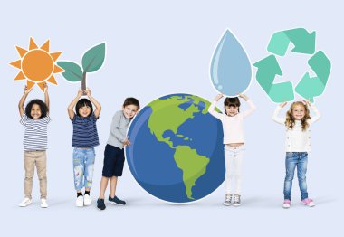 Diverse kids with environment icons clipart