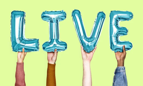Mãos Mostrando Palavra Balões Vivos — Fotografia de Stock