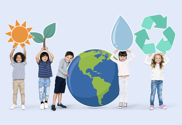 Diverse kids with environment icons