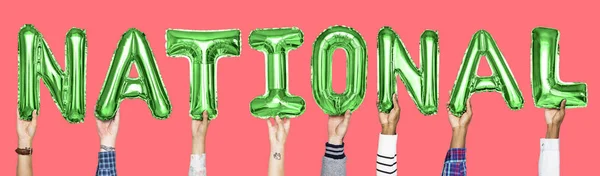 Hands Holding Shiny Green Balloons Letters National — Stock Photo, Image