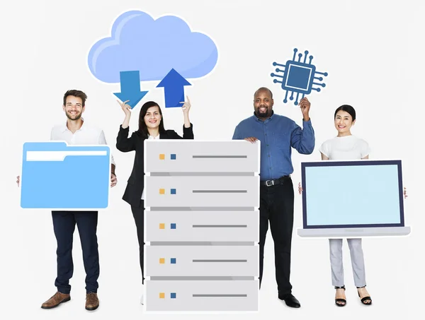 Glücklich Diverse Geschäftsleute Mit Bürotechnologie Ikonen — Stockfoto