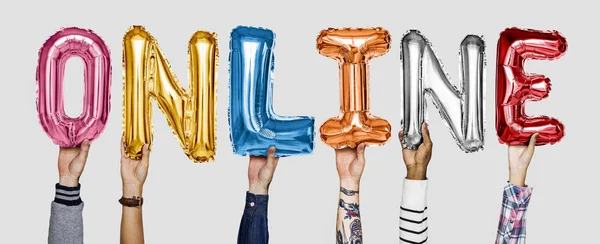 Mãos Mostrando Balões Online Palavra — Fotografia de Stock