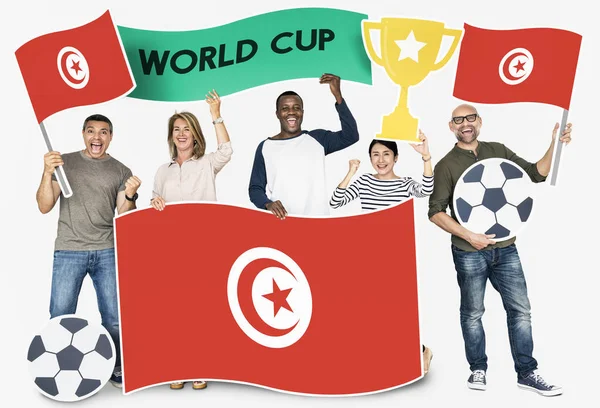 Fans Football Divers Tenant Drapeau Tunisie — Photo