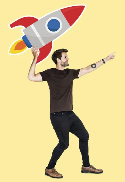 Fröhlicher Mann Mit Raketensymbol — Stockfoto