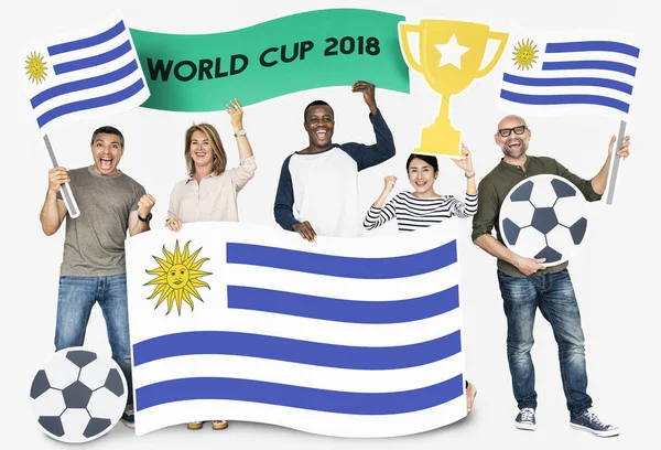 Diversos Fãs Futebol Segurando Bandeira Uruguai — Fotografia de Stock