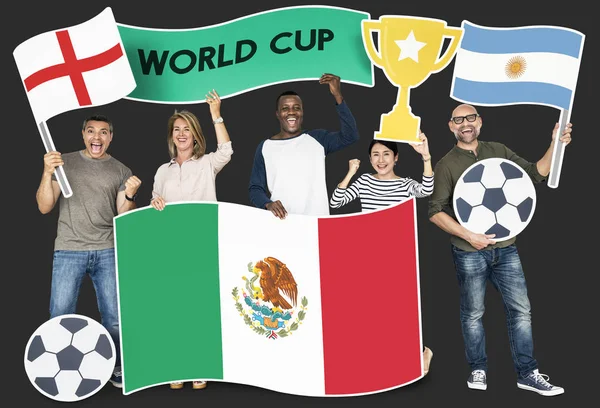 Diverse Football Fans Holding Flags Argentina Mexico England — Stock Photo, Image