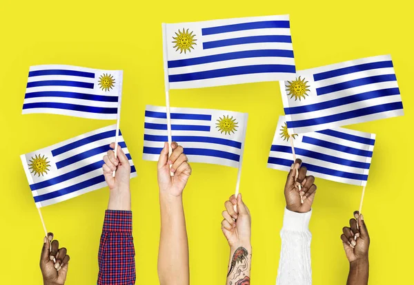Kéz Integetett Zászlók Uruguay — Stock Fotó