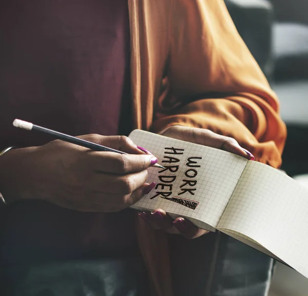 Woman Writing Work Harder Notepad — Stock Photo, Image