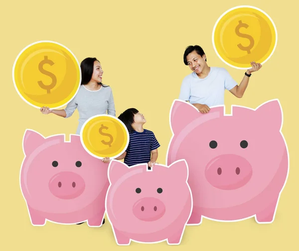 Happy Family Savings Piggy Banks — Stock Photo, Image