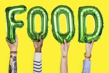 Gıda balonlar kelime gösteren eller