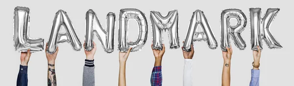 Hands Showing Landmark Balloons Word — Stock Photo, Image