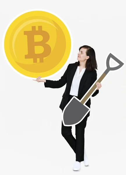 Empresa Sosteniendo Criptomoneda Bitcoin Minería Iconos Concepto — Foto de Stock