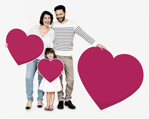 Familia Feliz Sosteniendo Iconos Forma Corazón —  Fotos de Stock