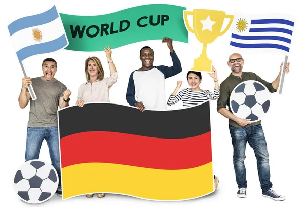 Diverse Football Fans Holding Flags Argentina Germany Uruguay — Stock Photo, Image