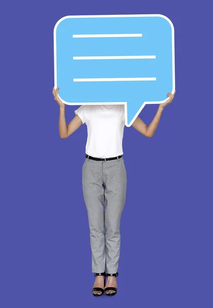 Woman Holding Speech Bubble Symbol — Stock Photo, Image