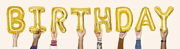 Luftballons Aus Gelbem Gold Bilden Das Wort Geburtstag — Stockfoto