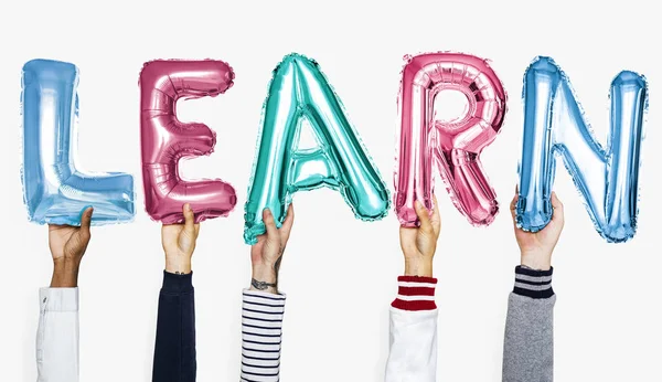 Hands Holding Learn Balloons Word — Stock Photo, Image